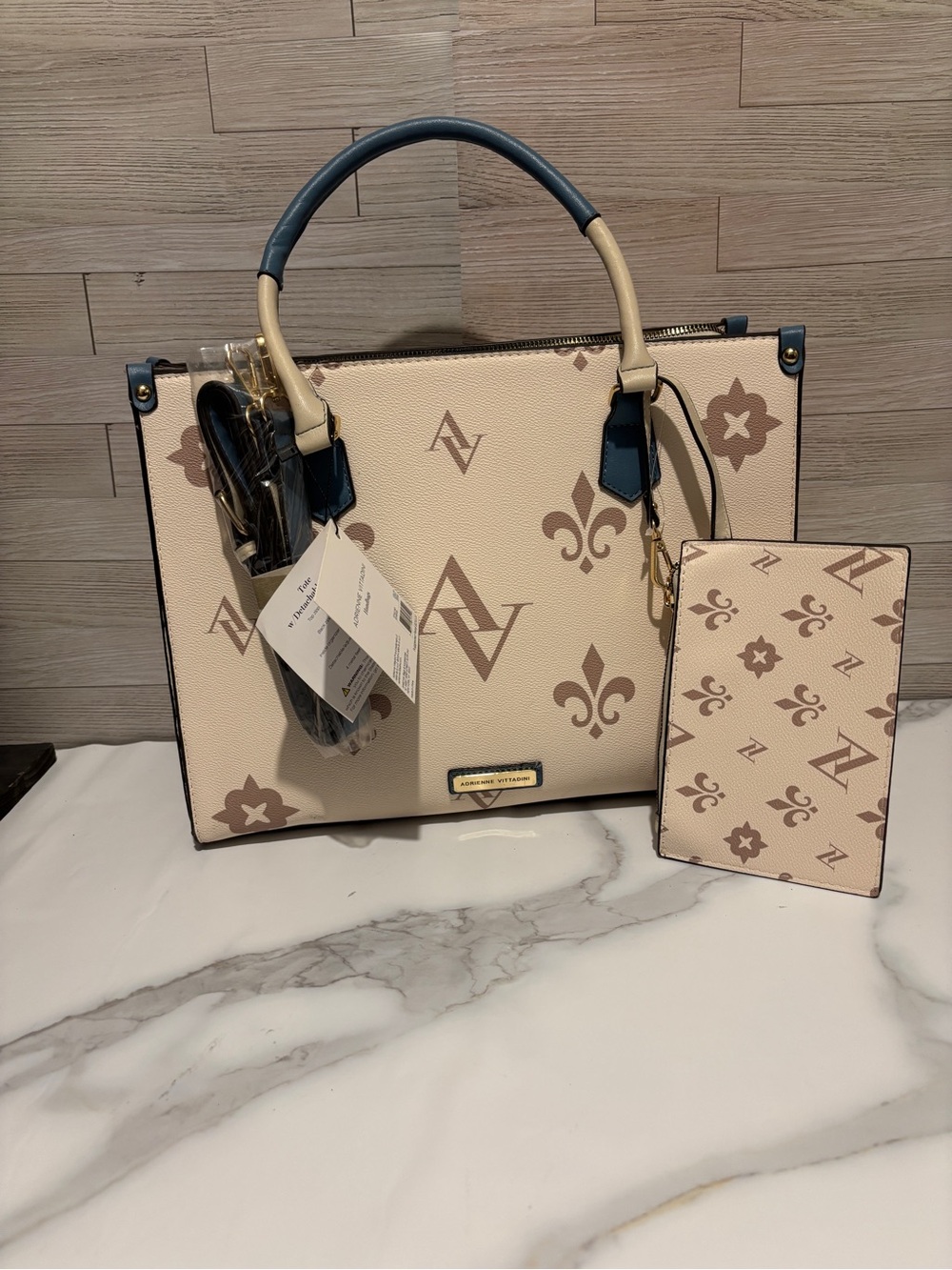 Adrienne Vittadini Cream & Taupe Monogram Tote with Wristlet
